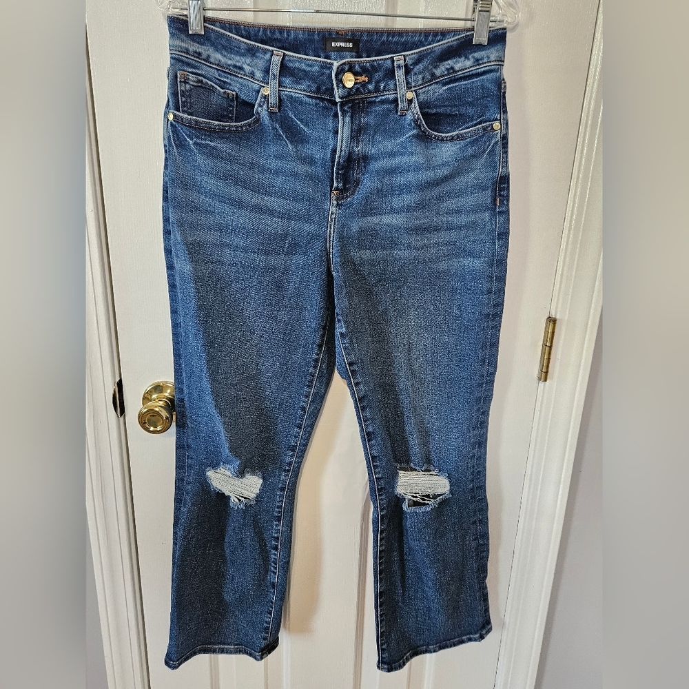 Express Medium Blue Distressed Mid Rise 90s Ankle Boot Cut Jeans 6 Regular